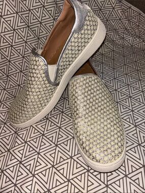 UGG Women’s Slip-On Woven Sneakers metallic silver with ivory stars